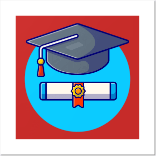 Graduation Hat And Bachelor Certificates Cartoon Vector Icon Illustration Posters and Art